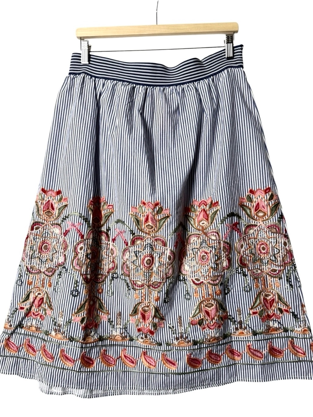 Magic Striped Embroidered Floral Peasant Midi Skirt L/XL
